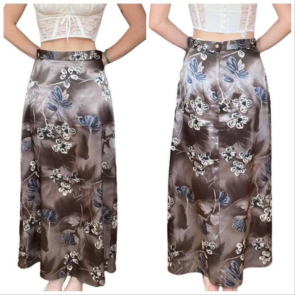 Vintage 90s Satin Maxi Skirt Watercolor Floral Gray by Iz of California Size 7